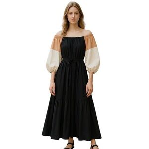 Staud Juliet Colorblock Off The Shoulder Cotton Bubble Hem Puff Sleeve Dress S